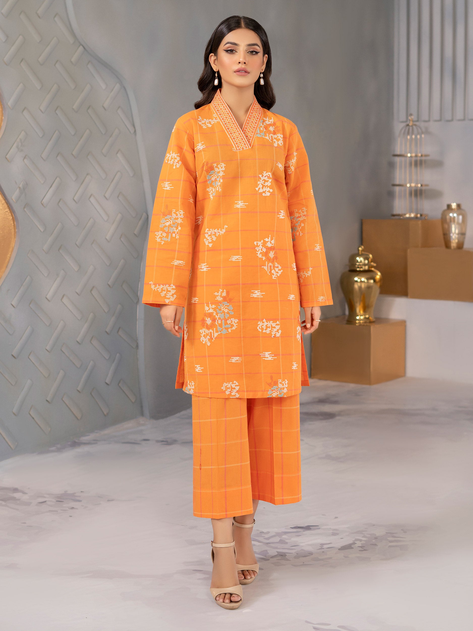 Limelight Eid Sale 2 Piece Embroidered orange color Lawn Suit