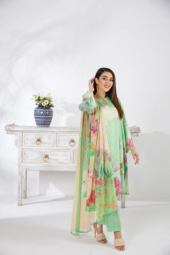Digital Printed Lawn 3 pc Unstitched Sea Green suit