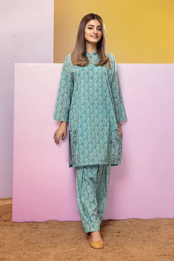 Printed Embroidered 2 PC Sea Green suit