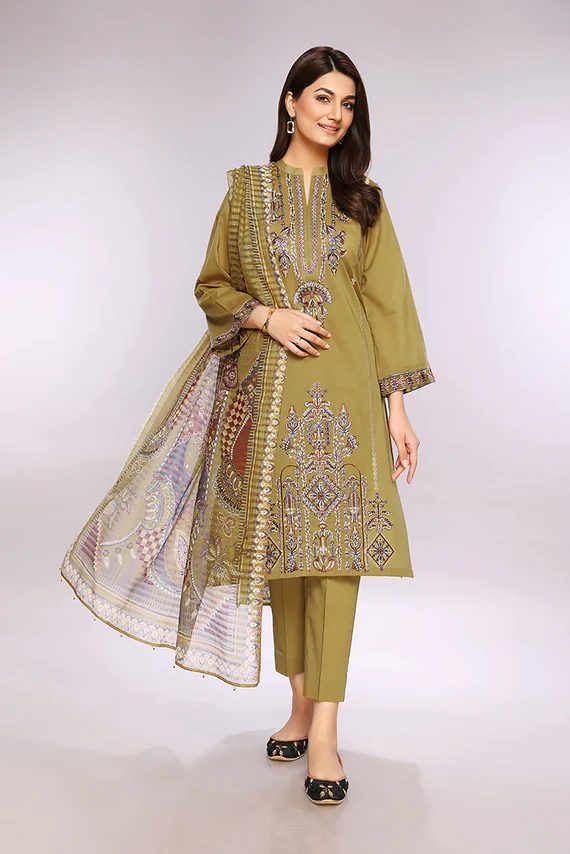 Printed Lawn 3 pc unstitched Dull Gold suit