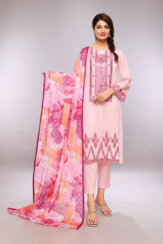 Printed Lawn 3 pc unstitched Pink suit