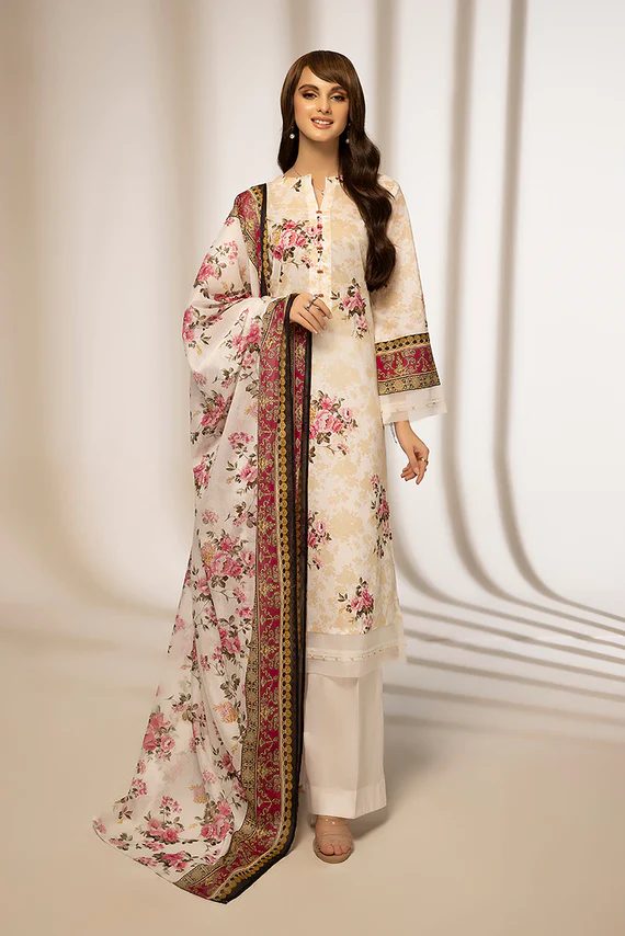 Printed Lawn Unstitched 3 pc white suit