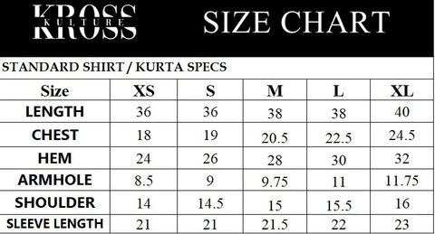 Kross Kulture size Chart for Shirt