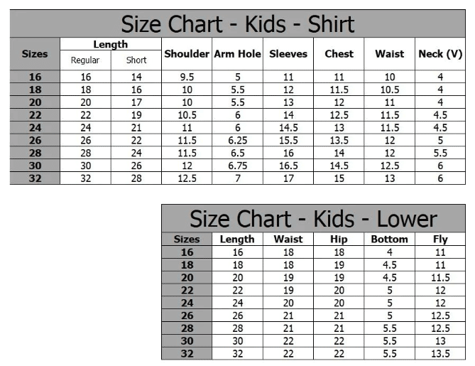 Raja Sahib Kids size Chart