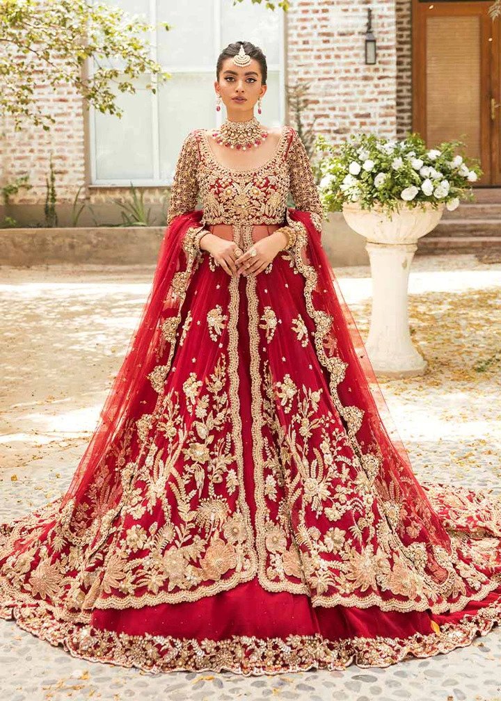 Red color Pishwas lehnga style bridal dress