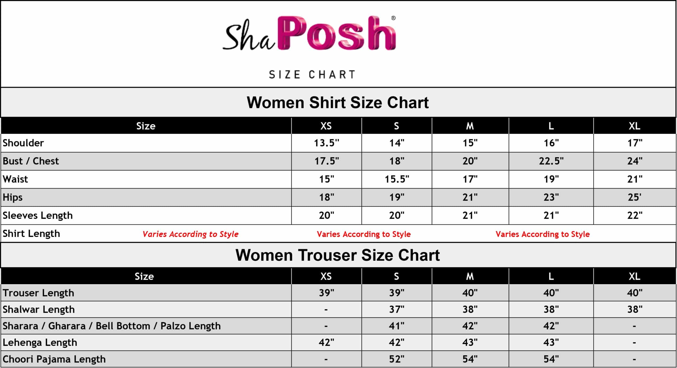 Sha posh women suit size chart