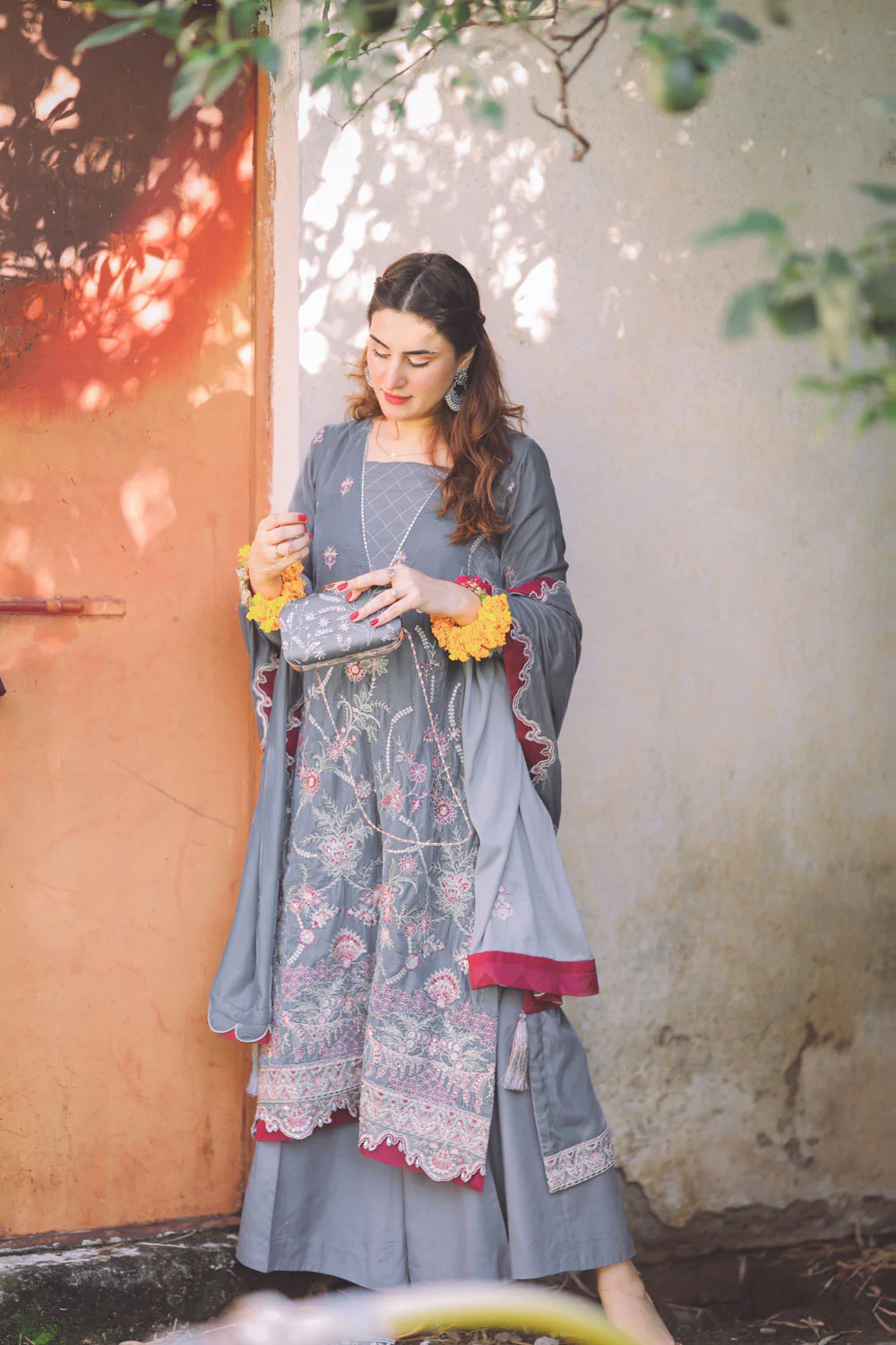 Embroidered Velvet Unstitched 3 pc Grey Suit