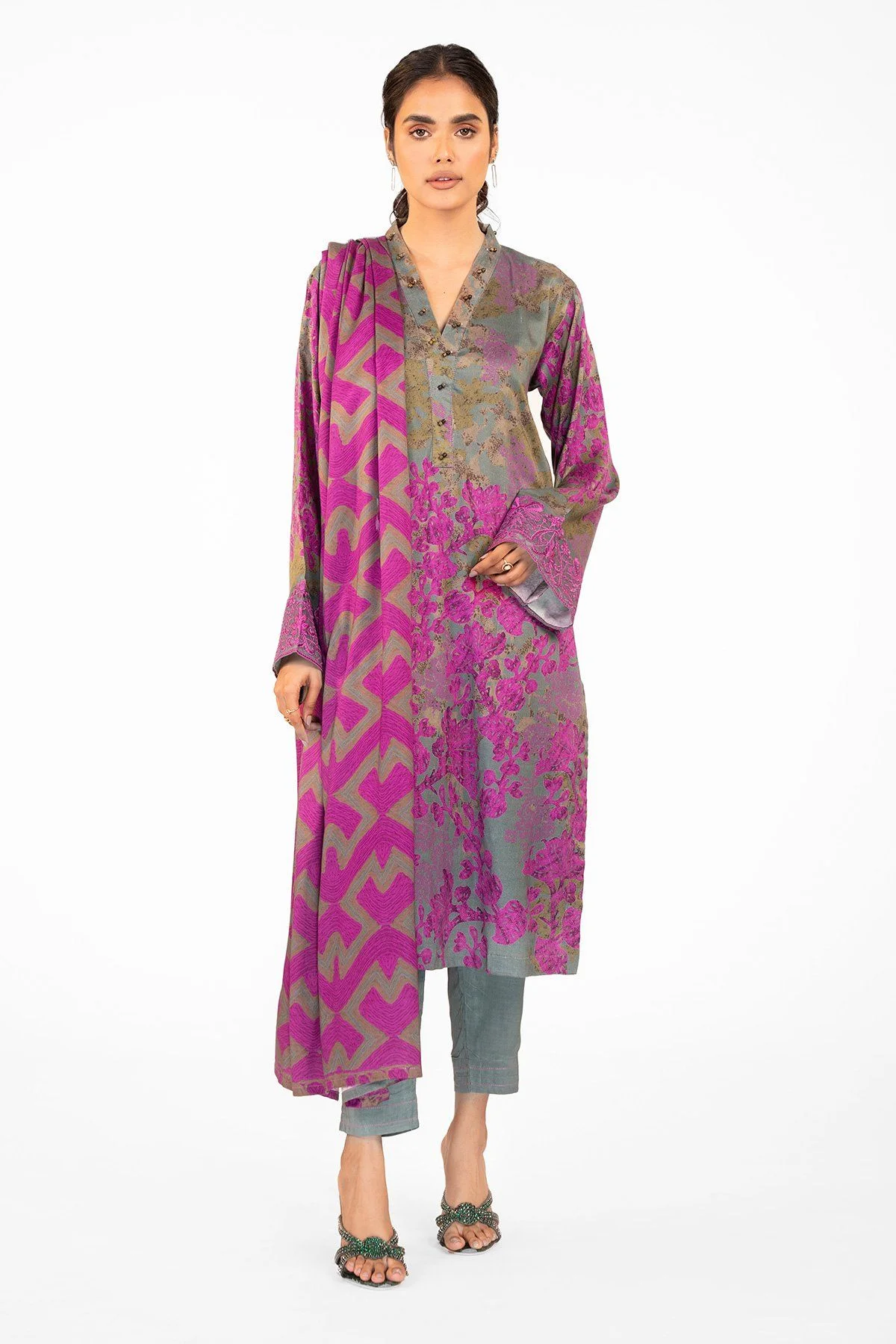 3 Pc Embroidered Twill Viscose Suit