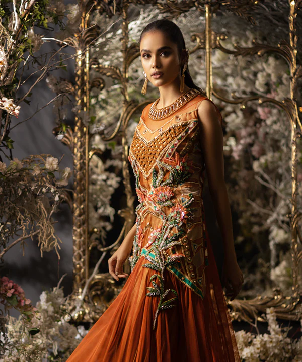 orange gown wit 3 D floral design