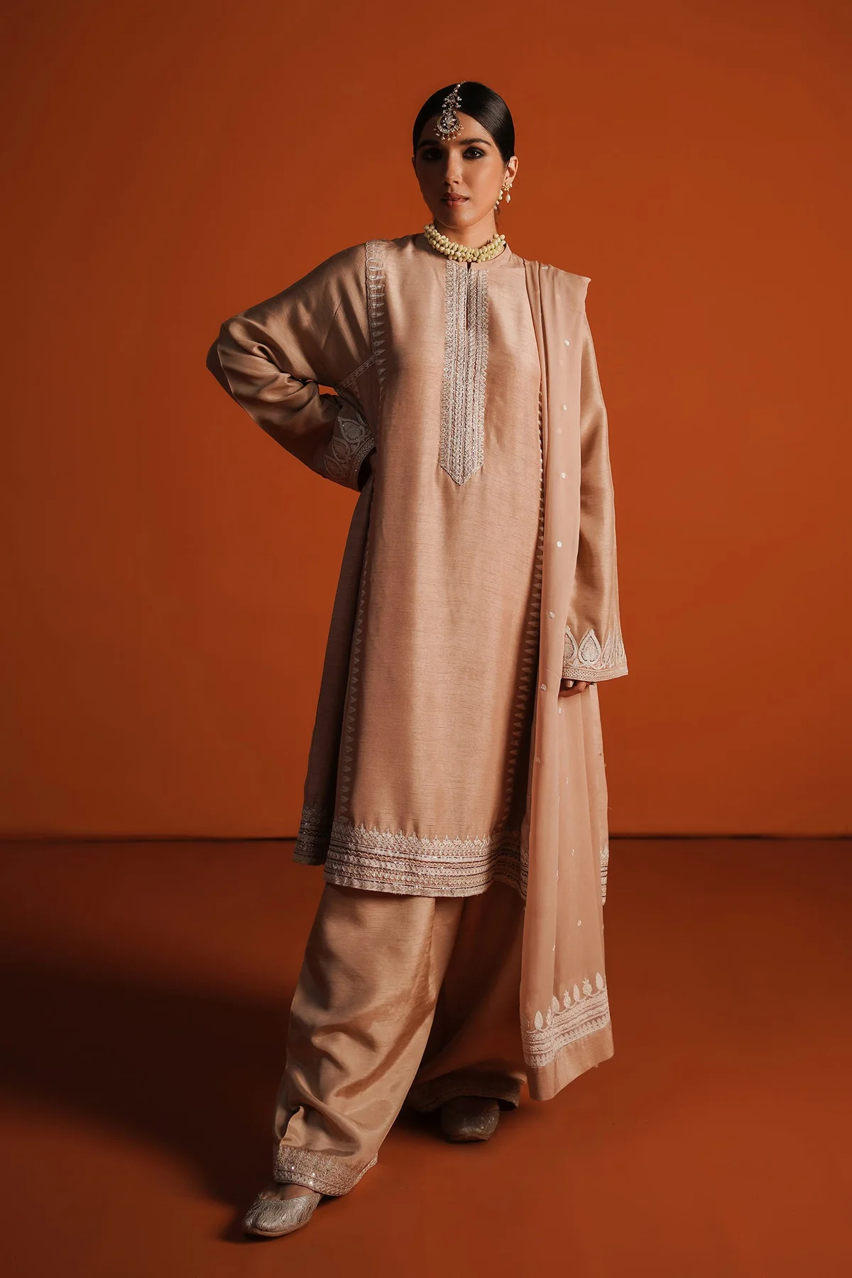 Beige firan styled kurta with embroidered