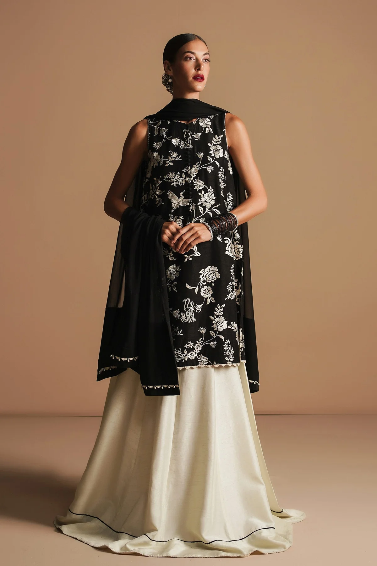 Black sleeveless shirt with composed gara embroidery