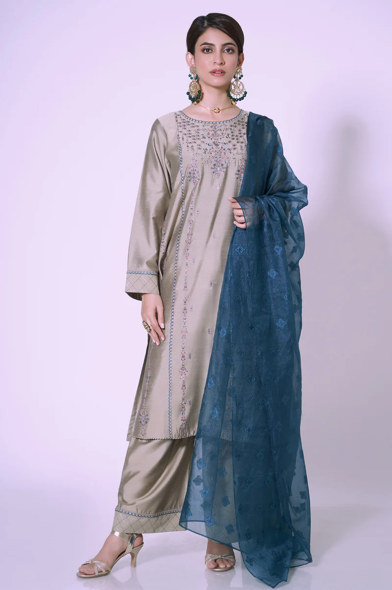 Stitched 3 Piece Cotton Silk Embroidered Outfit