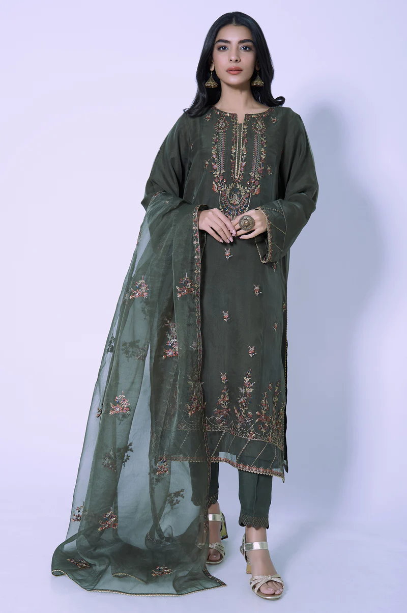 Stitched 3 Piece Organza Embroidered suit