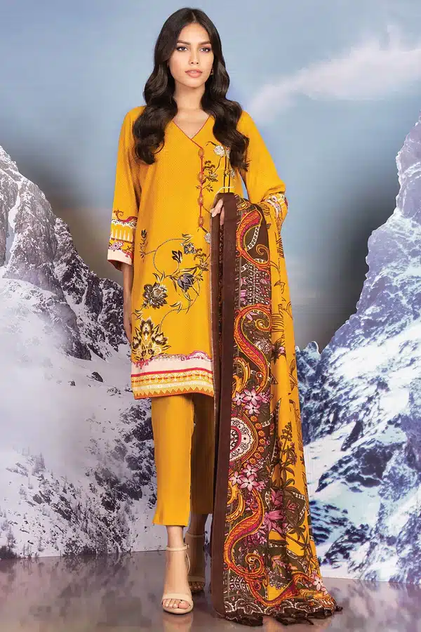 Yellow color 3 Pc Printed Viscose Suit With Printed Shawl
