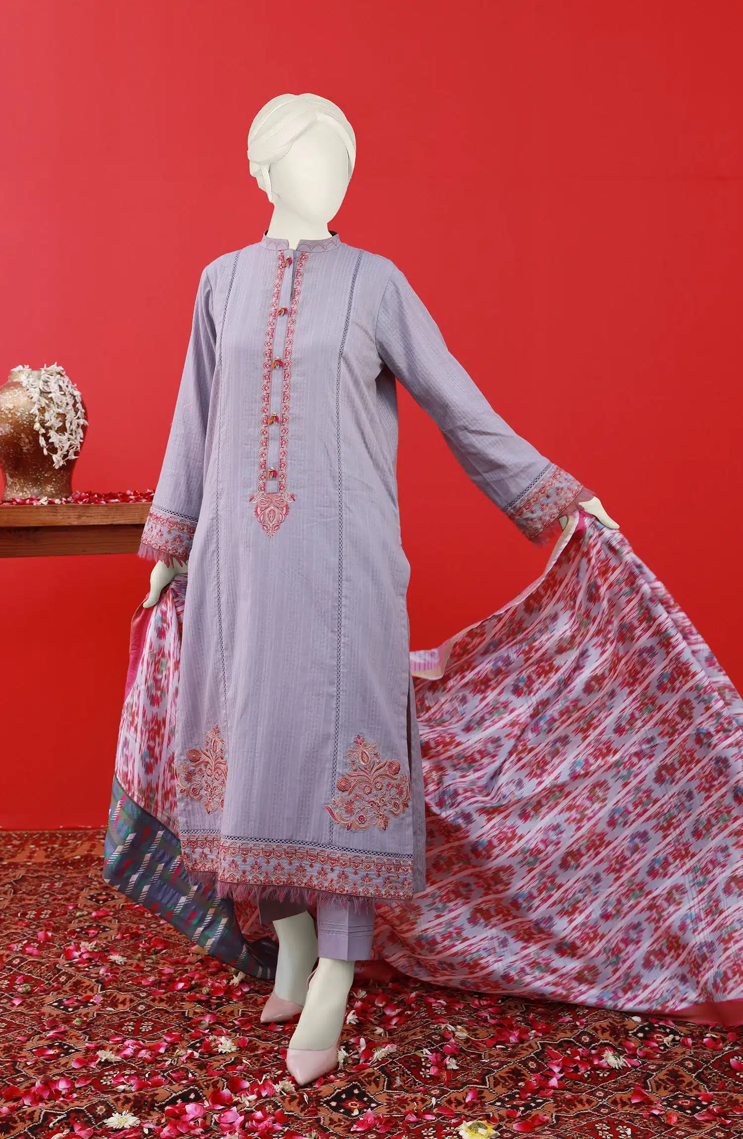 Lilac color embroidered unstitched 3 piece suit