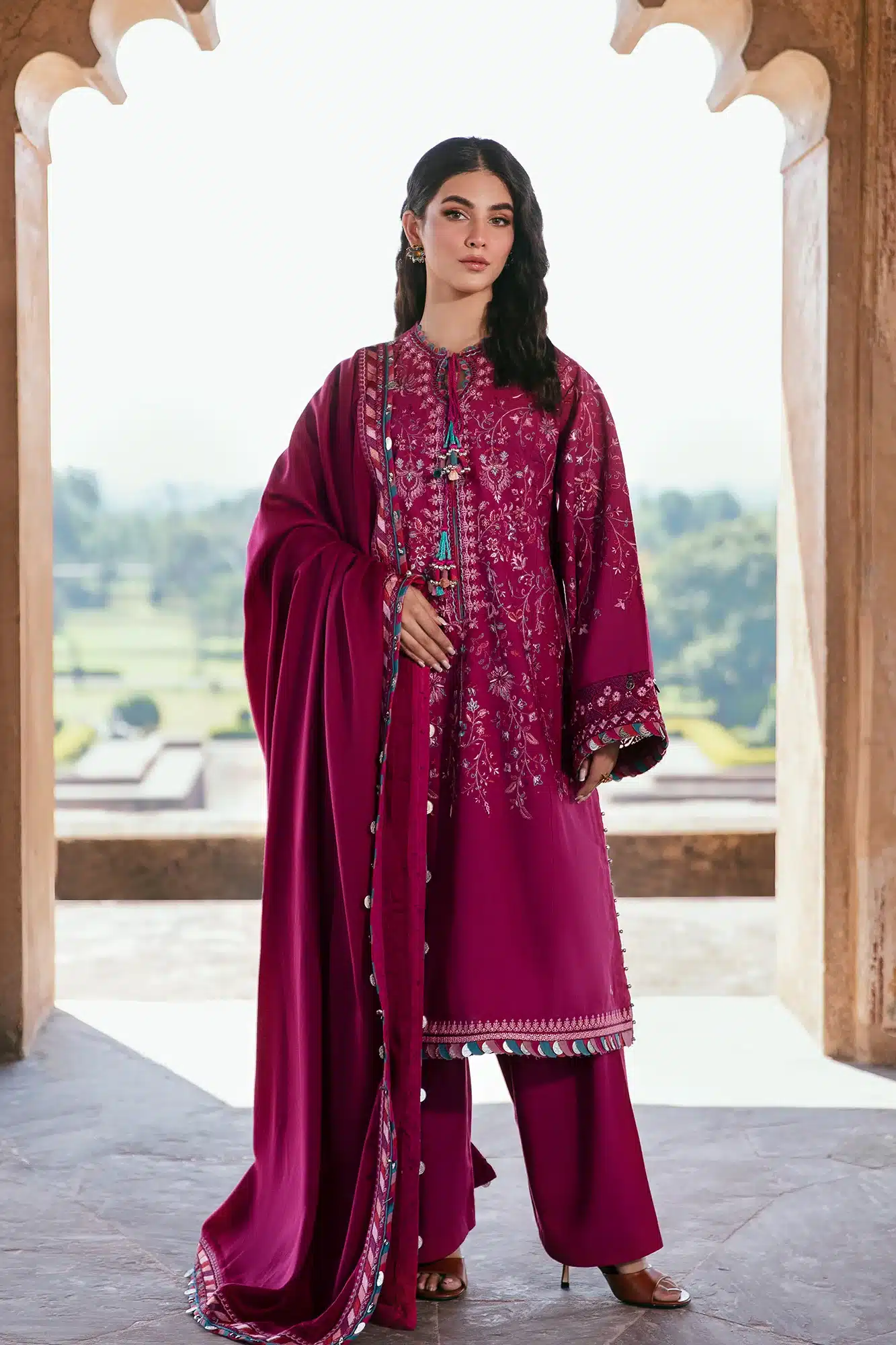 EMBROIDERED SUIT in Pink and Plum color