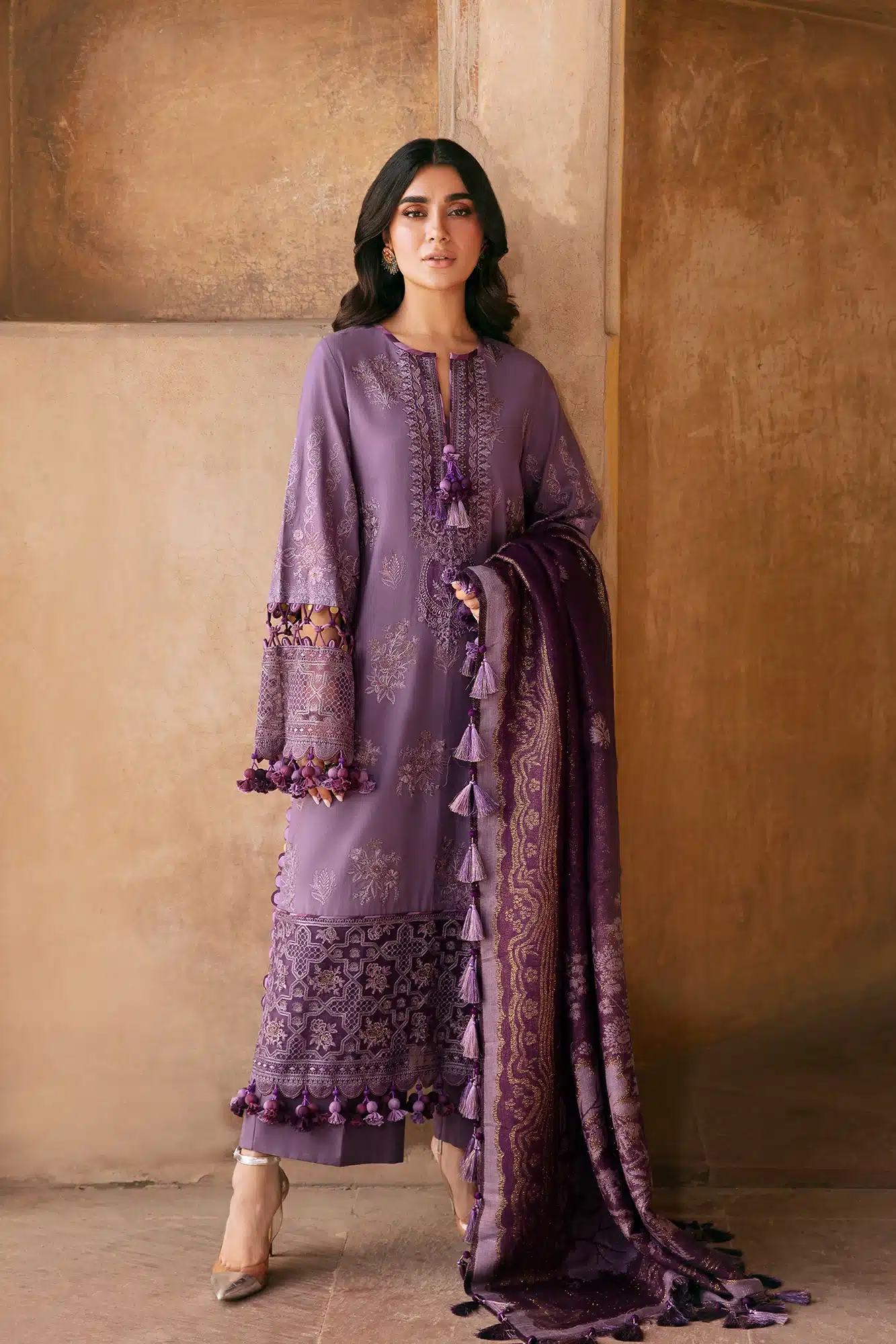 Embroidered Suit purple and dull gold color