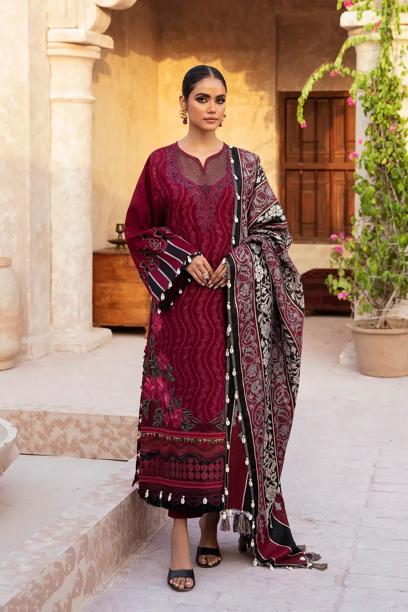 Embroidered Suit shades of pink and black color