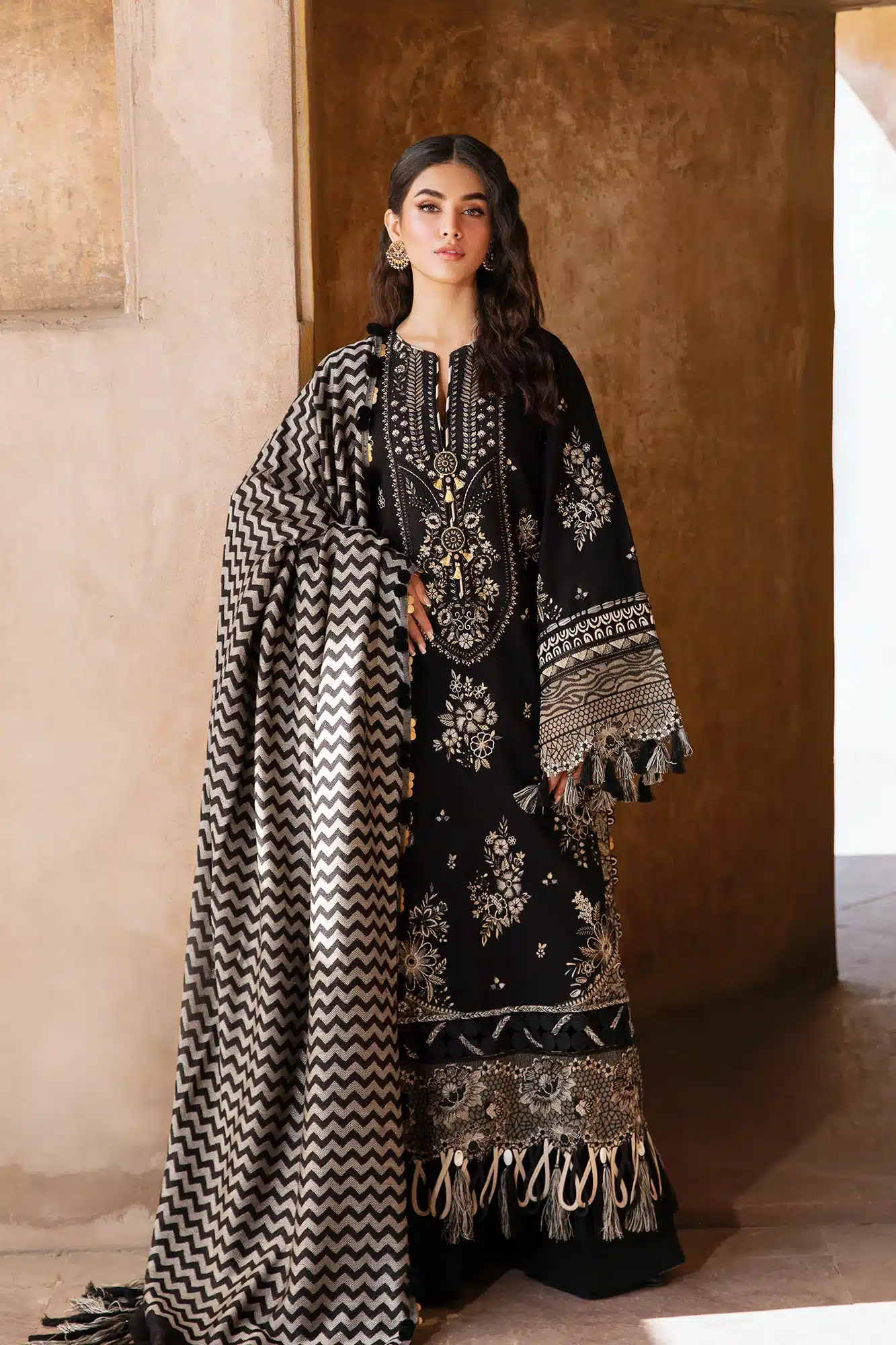 embroidery suit in black and beige color