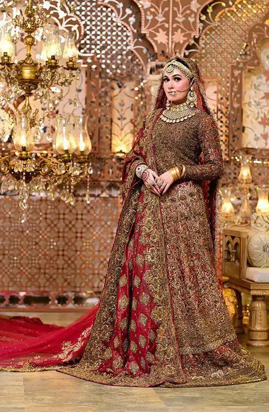 Red and gold color Fully Embellished Lehenga Choli with a Net Veil and Shawl