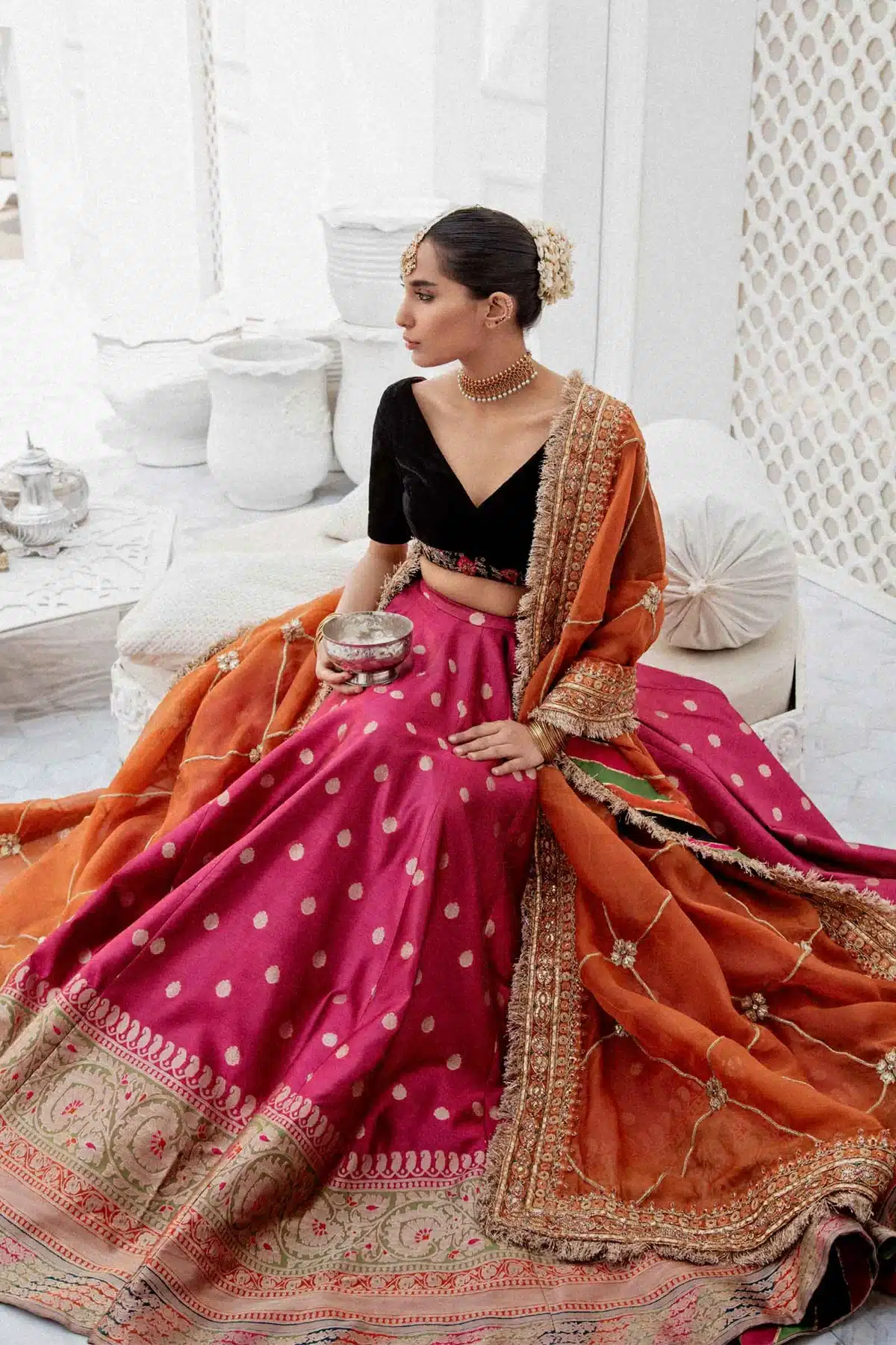 Zara Shahjahan black and pink color lehenga choli bridal dress