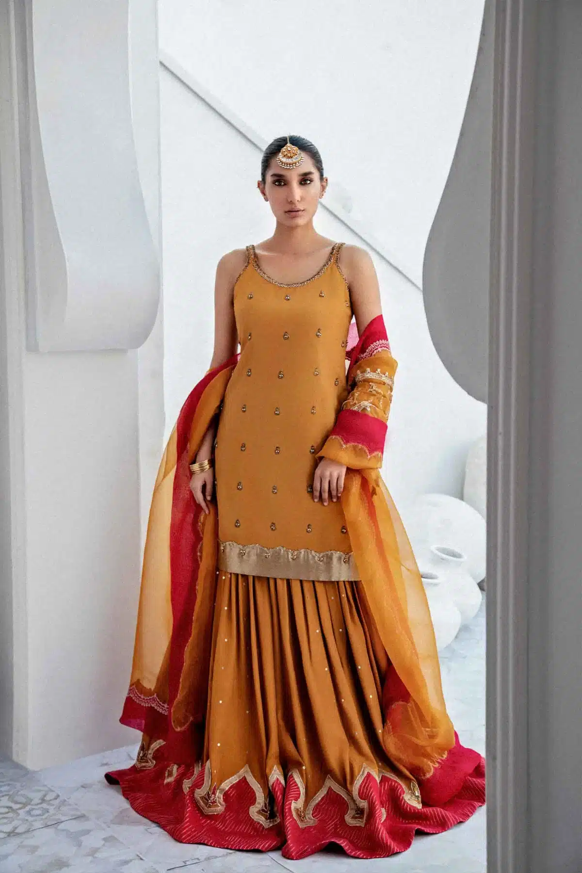 Zara Shahjahan brown color sleeveless shirt bridal dress