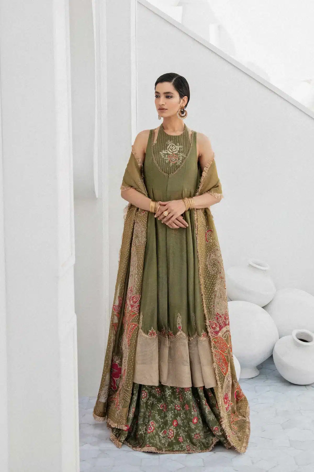 Zara Shahjahan green color cotton silk bridal dress