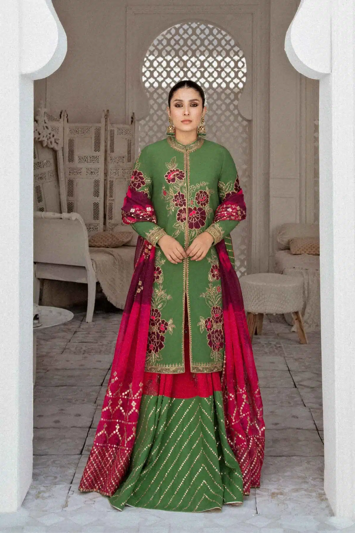 Zara Shahjahan green color knee length jacket bridal dress