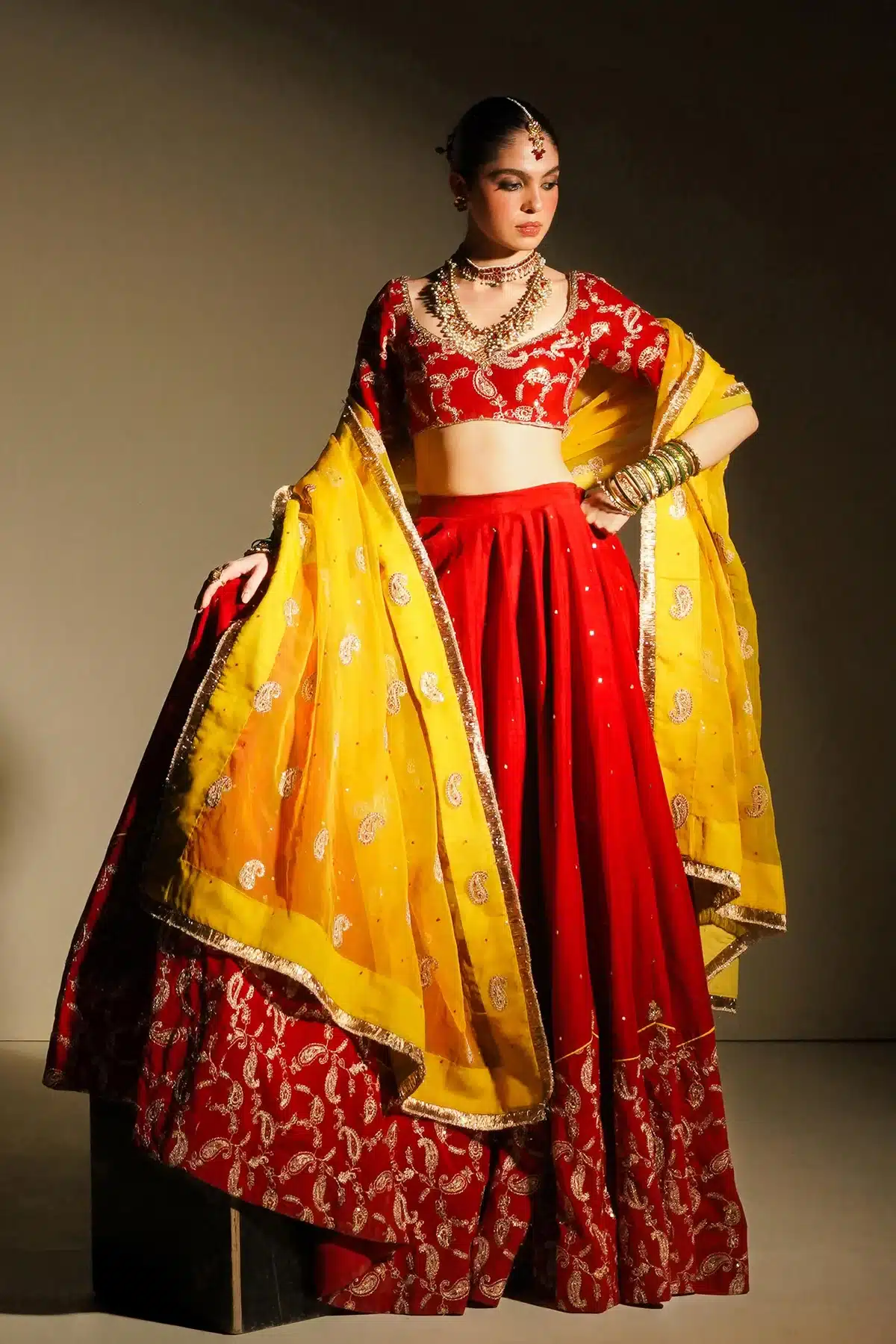 Zara Shahjahan red and yellow color choli, bridal dress