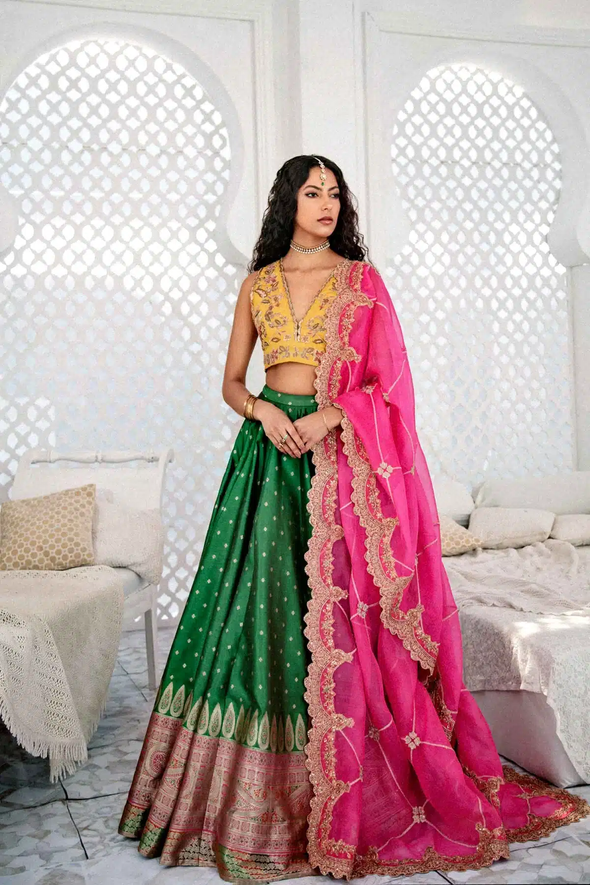 Zara Shahjahan yellow and green color Raw silk bridal dress