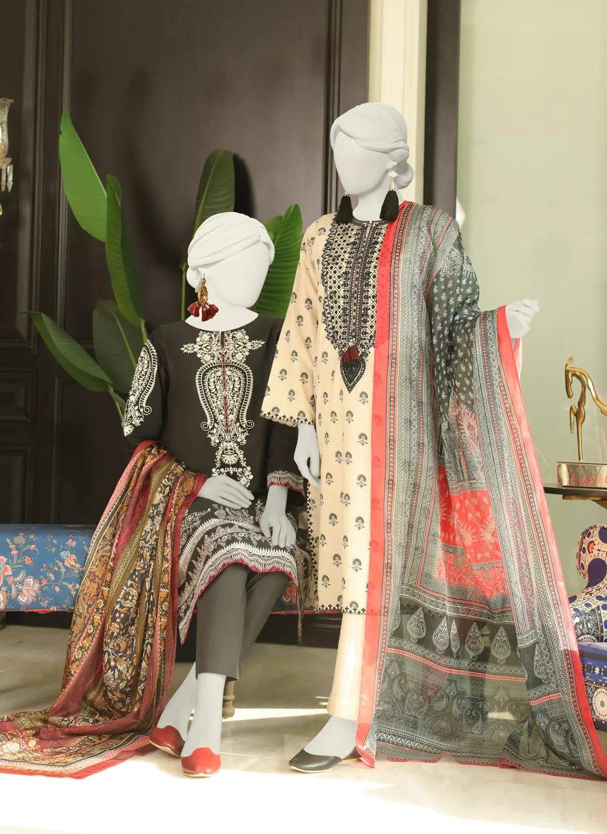 J. Embroidered gold and printed lawn shirt and digital printed silk dupatta with trouser