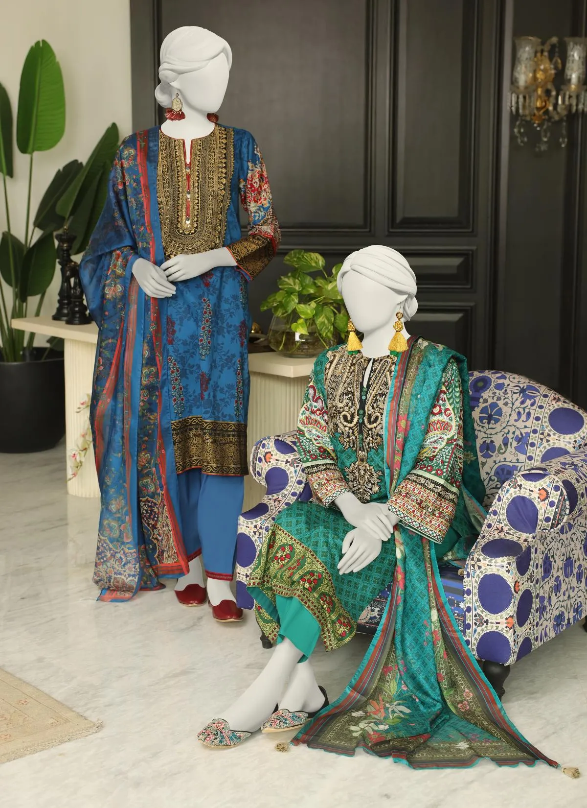 J. Embroidered shirt and digital printed silk dupatta with trouser
