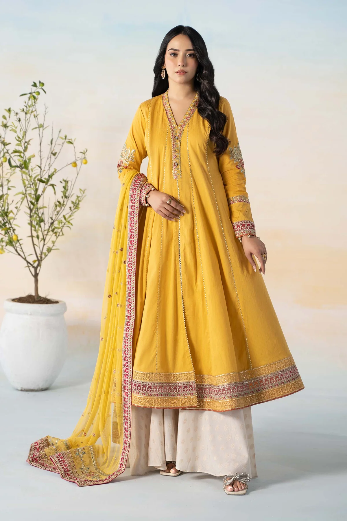 Maria B 3 PIECE EMBROIDERED DOBBY Yellow Color SUIT