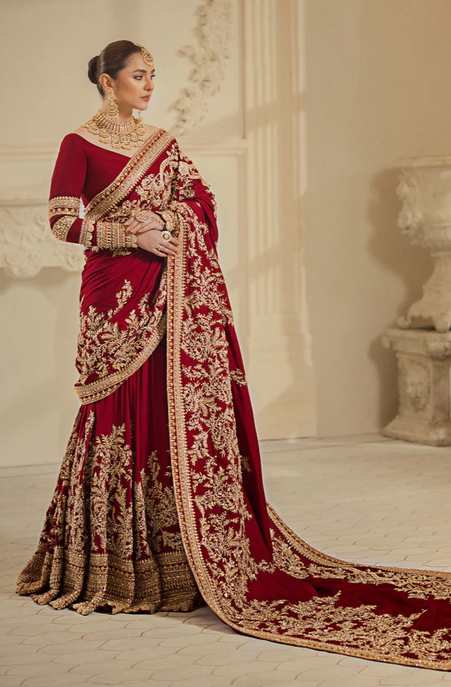 Pakistani Bridal Outfitin Red Lehenga Saree Style